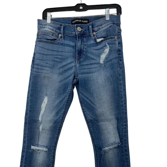 Express Jeans Cropped Distressed Midrise Denim Leggings SZ 6 Frayed Hem Stretch - Picture 9 of 13